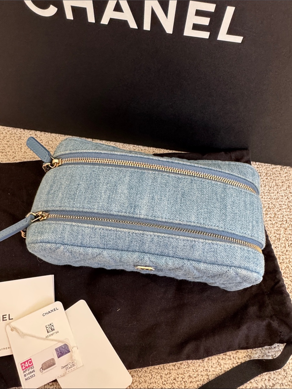 CHANEL Light Blue Quilted Denim Cosmetic Pouch with Chain Wristlet - Picture 2 of 8